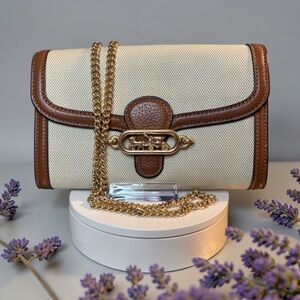 Coach Cream Canvas and Brown Leather Crossbody with Gold Chain